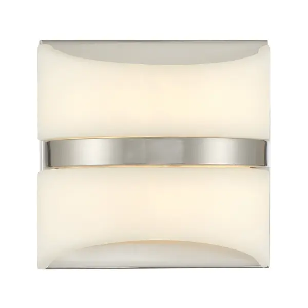 The Velaux LED wall sconce delivers efficient, high-CRI lighting in a compact 6.5" profile. Its brushed nickel finish and faux alabaster shade create a soft, diffused light ideal for bathrooms and hallways. - alternate view