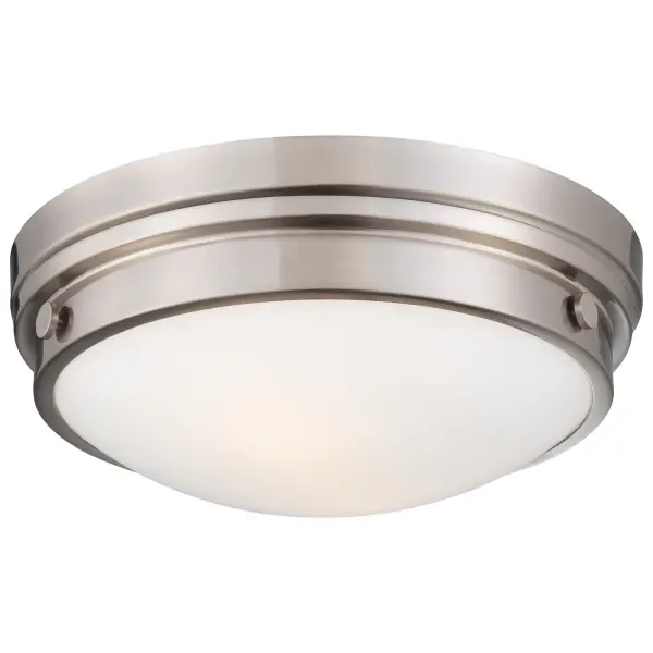 This compact 2-light flush mount offers practical illumination with a timeless brushed nickel finish and clear glass shade. Its 4.75-inch profile makes it ideal for rooms with standard or lower ceilings.