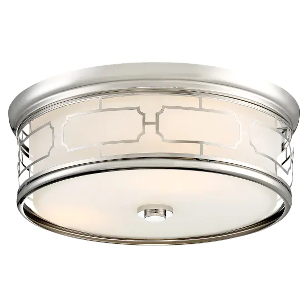This 16-inch LED flush mount delivers impressive 2488 lumens with excellent 93 CRI color rendering. The polished nickel finish and etched white glass create a clean, versatile look perfect for transitional spaces.