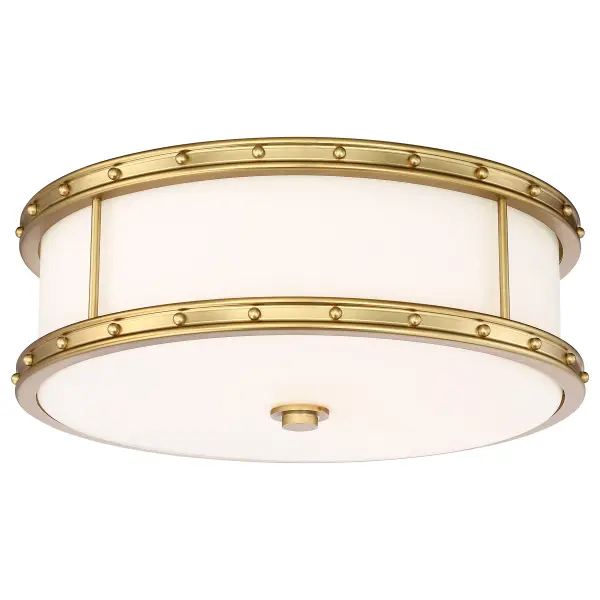 This 15.5" flush mount combines transitional elegance with modern LED efficiency. The Liberty Gold finish and etched white glass create warm, diffused illumination perfect for low-ceiling spaces.