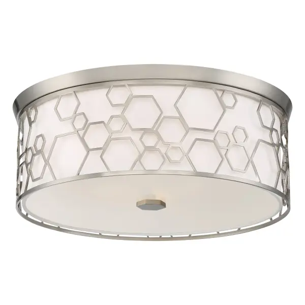 This 17-inch flush mount combines energy-efficient LED technology with transitional styling. The brushed nickel finish and white linen shade create a sophisticated look suitable for various spaces with low ceilings.