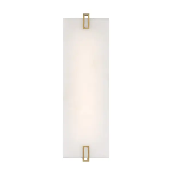 The Aizen wall sconce combines contemporary design with practical functionality. Its 19-inch vertical profile and soft brass finish create a sophisticated look, while the faux alabaster shade provides warm, diffused light. ADA-compliant and energy-efficient LED technology make it ideal for modern spaces. - alternate view