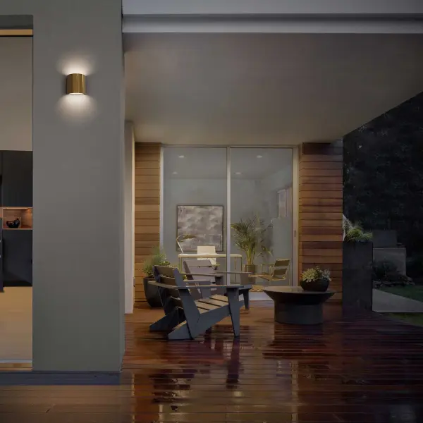 The Veil LED Sconce delivers balanced up and down lighting in a sleek half-sconce design. Its durable aluminum construction, wet location rating, and 3-CCT control make it ideal for outdoor applications requiring both style and functionality. - alternate view