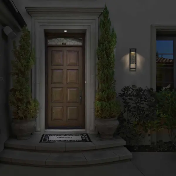The 2 Step LED Wall Sconce combines parallel rectangular forms in a striking layered design with artisan-crafted hammered glass. Features 3-CCT adjustable color temperature and dimmable control for customizable outdoor lighting. - alternate view