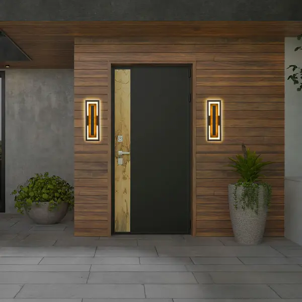 The Panels LED Wall Sconce makes a bold architectural statement with its floating two-tone frame and backlit center panel. Wet-rated for outdoor use with 3-CCT adjustable color temperature and dimming capabilities. - alternate view