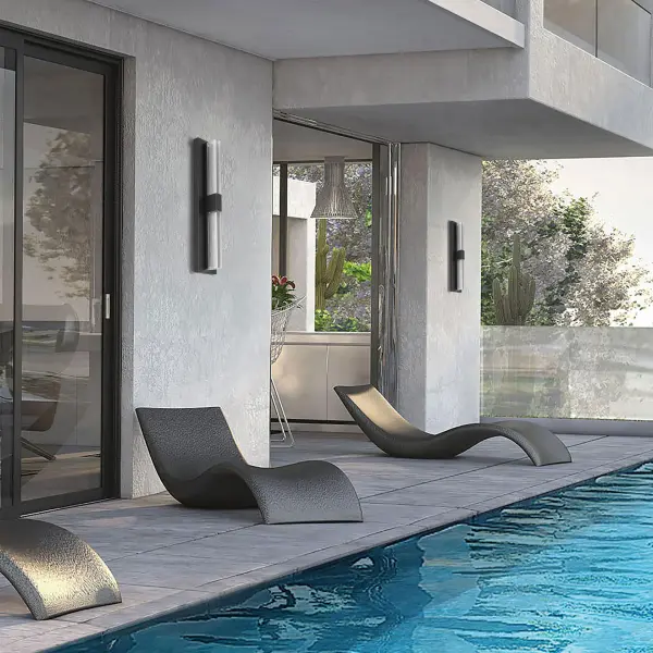 The Arles 25" Outdoor Wall Sconce combines V-Groove Acrylic with a sleek minimal frame for stunning visual impact. Features 3-CCT customizable lighting, dimming capabilities, wet location rating, and ADA compliance. - alternate view