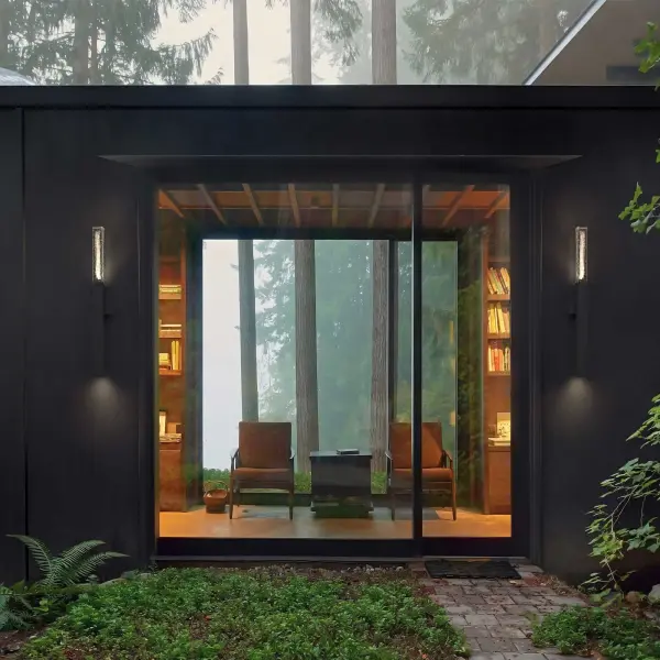 The Folio combines modern elegance with practical functionality, featuring distinctive clear wispy glass and wet location rating. Its 3-CCT customizable lighting and dimming capabilities make it versatile for any outdoor setting. - alternate view