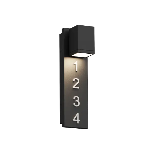 The Bishop Wall Sconce combines strong architectural lines with modern functionality, featuring an optional light grey address number display. Its timeless profile and 19-inch scale make it ideal for outdoor entryways.