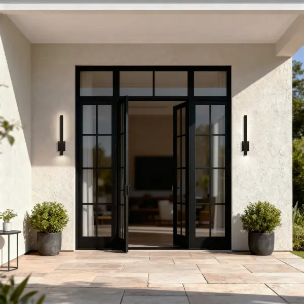 The Lina 24" Wall Sconce combines solid brass construction with innovative backlit and downlight features, creating sophisticated outdoor illumination that balances modern design with timeless durability. - alternate view