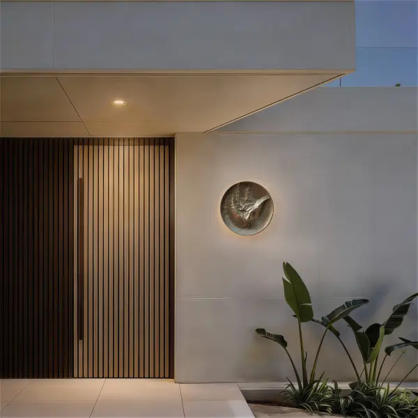 The Moon Wall Sconce combines artistic design with outdoor durability. Its sculpted fiberglass shade creates a soft, luminous glow while the patina bronze finish adds refined elegance to any exterior space. - alternate view