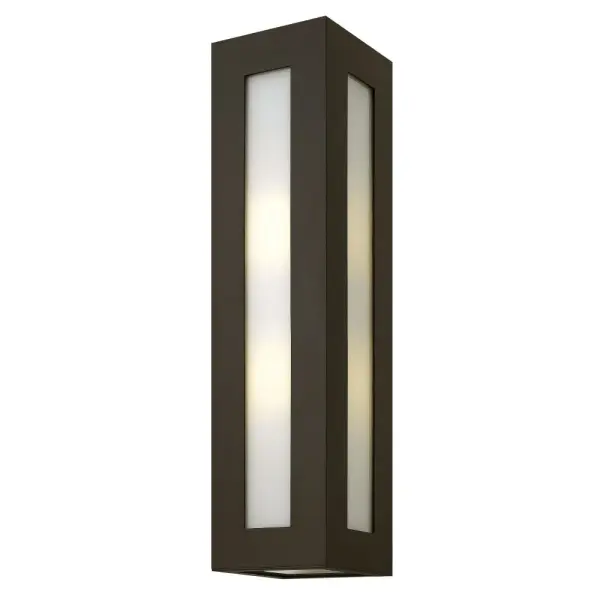 Dorian’s robust design in durable aluminum construction is offered in a Bronze finish. This contemporary fixture allows light to emit from white glass windows.