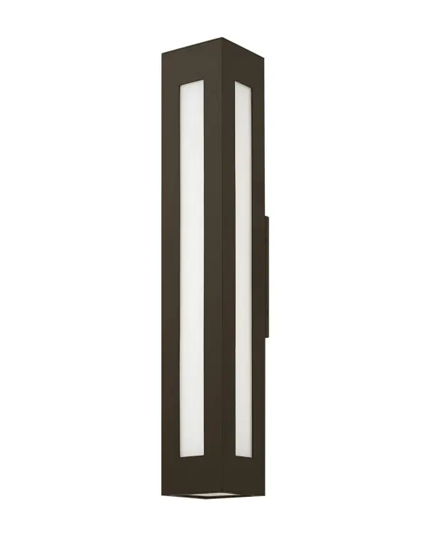 Dorian’s robust design in durable aluminum construction is offered in a Bronze finish. This contemporary fixture allows light to emit from white glass windows.