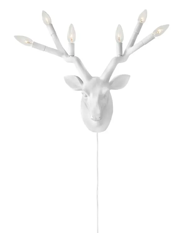 Yes, deer! A playful, contemporary take on traditional lodge décor, Stag is an over scaled sconce big on style. Featured in Black, Chalk White, or Distressed Brass, Stag bounds into any space with illumination and charm all-in-one. Sconces feature a removeable black cord with on/off switch to suit anywhere you choose to roam. - alternate view