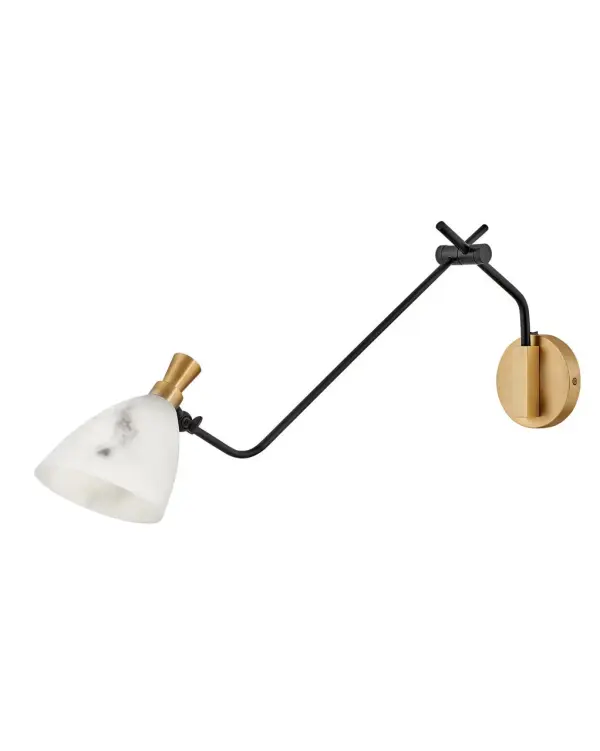 Influenced by a midcentury modern aesthetic, Sinclair’s striking profile is accentuated by stunning details. A classic finish combination of Heritage Brass and Black is paired with luminous, luxurious cloudstone shades. Sinclair’s sophisticated design offers articulating shades to create a custom look. All designs for Sinclair must be bulbed with LED bulbs only (not included).