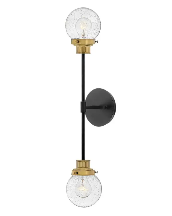 Poppy features clear seedy glass spheres that bubble out of refined, ribbed fitters to create a simple, yet sophisticated silhouette. The dual-finish combinations, Black with Brushed Nickel and Black with Heritage Brass, pair perfectly with a clean backplate or canopy and crisp crossbars to anchor this airy design. Poppy showcases midcentury style with a spectacular spin.
