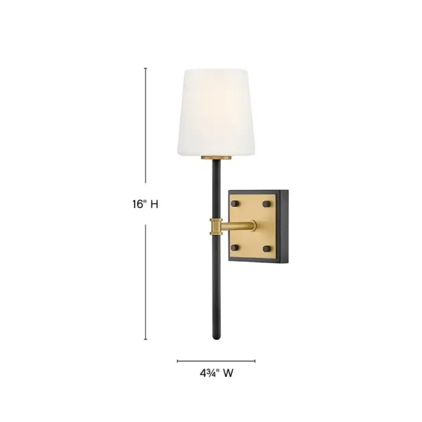 Saunders boasts a striking yet effortless appeal, blending traditional elements with captivating, midcentury modern details. A spoked silhouette and decorative stem holders are finished in Black and Lacquered Brass, paired with blown, etched opal glass shades. - alternate view