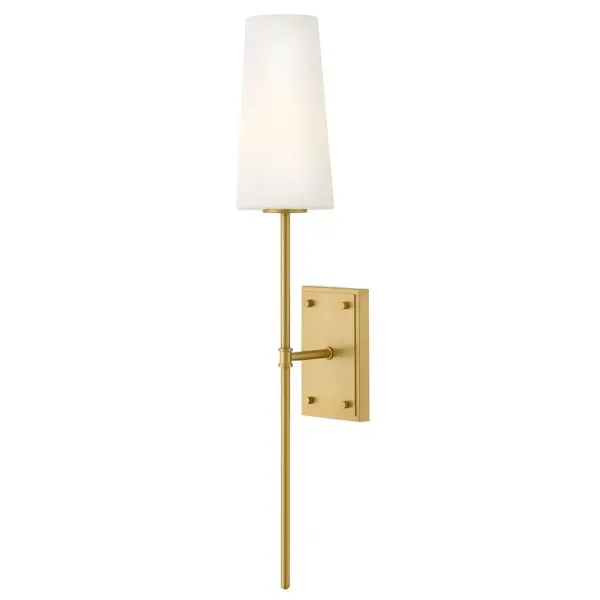 Saunders boasts a striking yet effortless appeal, blending traditional elements with captivating, midcentury modern details. A slim silhouette and decorative stem holders are finished in Lacquered Brass or Black with Lacquered Brass, paired with blown, etched opal glass shades.