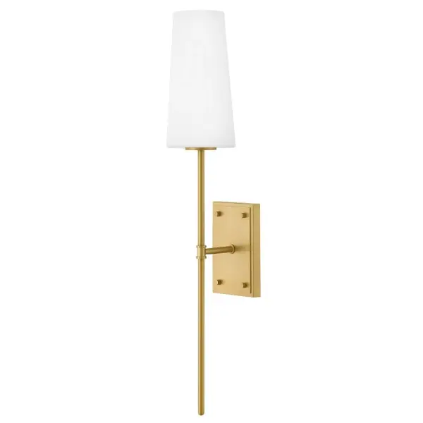Saunders boasts a striking yet effortless appeal, blending traditional elements with captivating, midcentury modern details. A slim silhouette and decorative stem holders are finished in Lacquered Brass or Black with Lacquered Brass, paired with blown, etched opal glass shades. - alternate view