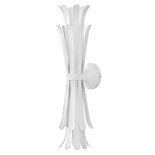 Remarkably dramatic, Reina’s repeating flared fronds surround its central drum and etched white glass diffuser, making a refined yet striking statement within any space. A Distressed Brass finish creates a classic look while the white Textured Plaster finish provides a more modern feel. - alternate view