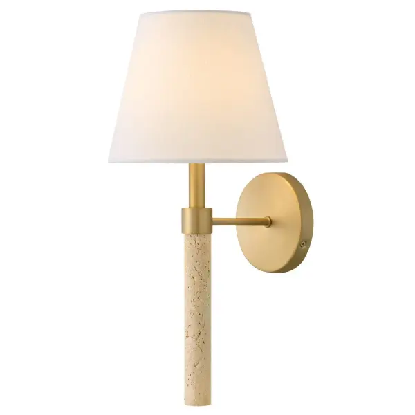 Formed from freshwater limestone found around natural mineral springs, travertine’s beautiful, porous texture adds subtle natural detail to Bruna’s traditional silhouette. A classic, tapered, off-white fabric shade is enhanced by a rich Lacquered Brass finish and the stone’s warm beige tones, creating a unique aesthetic for your living space.