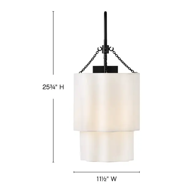 Splendidly soft, Gwen’s shapely scalloped shade complements inviting light with layers of Off-White Linen suspended from delicate chains and minimal metal stems. A Black or Lacquered Brass finish provides a versatile complement to any interior style. - alternate view