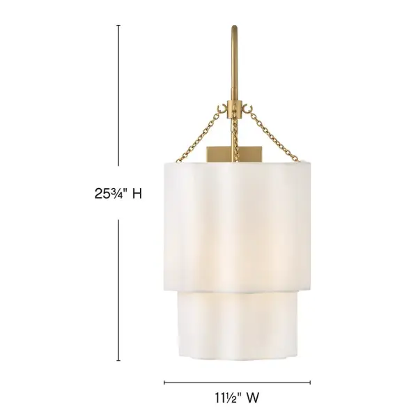 Splendidly soft, Gwen’s shapely scalloped shade complements inviting light with layers of Off-White Linen suspended from delicate chains and minimal metal stems. A Black or Lacquered Brass finish provides a versatile complement to any interior style. - alternate view