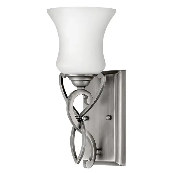 Brooke's updated traditional look features a minimalist forged scroll design in Antique Nickel and Olde Bronze that elegantly complements its etched opal glass.