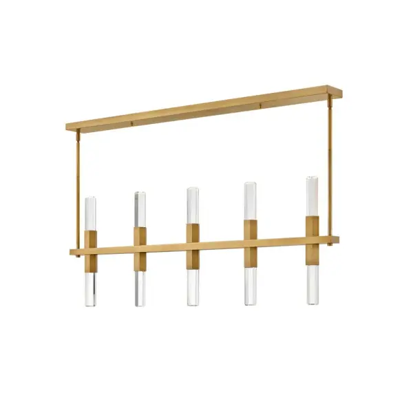The Cecily redefines luxury lighting with its bold faceted crystal rods and Heritage Brass finish. This substantial 54-inch linear chandelier creates a breathtaking focal point, perfect for modern dining rooms and grand spaces seeking dramatic elegance.