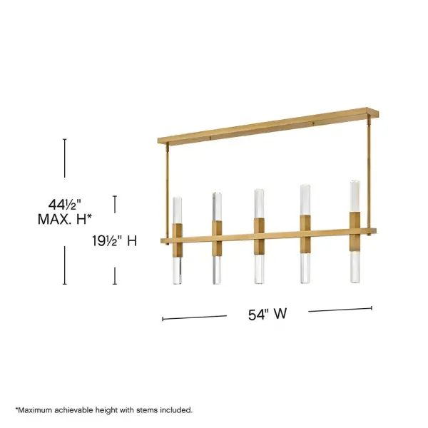 The Cecily redefines luxury lighting with its bold faceted crystal rods and Heritage Brass finish. This substantial 54-inch linear chandelier creates a breathtaking focal point, perfect for modern dining rooms and grand spaces seeking dramatic elegance. - alternate view