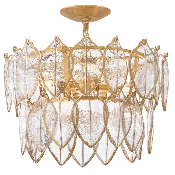 Romantic and lush, with floral-inspired aesthetics, Amira's luxuriant design features clear glass leaves pressed with an organic texture that mimics the veining of natural plants. Hand-painted gold detailing accentuates each opulent glass form, complemented by a Distressed Brass finish with hand-applied gold leaf. Collection: Amira Finish: Distressed Brass Glass: Clear Pressed Width: 19.00" Height: 17.25" Length: 19.00" Weight: 23.29 lb Wire: 1 X 120" Rod: 1-3", 1-6", 2-12" Canopy: 6" Dia. Number of Bulbs: 4 Maximum Wattage: 5.00 W Bulb Base: Candelabra Light Source: LED Dimmable Voltage: 120.00 V Material: Steel Country of Origin: CHINA Safety Listing: C-US Safety Rating: Dry Spec Sheet Instructions