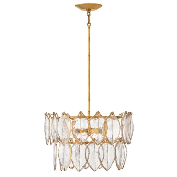 Romantic and lush, with floral-inspired aesthetics, Amira's luxuriant design features clear glass leaves pressed with an organic texture that mimics the veining of natural plants. Hand-painted gold detailing accentuates each opulent glass form, complemented by a Distressed Brass finish with hand-applied gold leaf. Collection: Amira Finish: Distressed Brass Glass: Clear Pressed Width: 19.00" Height: 17.25" Length: 19.00" Weight: 23.29 lb Wire: 1 X 120" Rod: 1-3", 1-6", 2-12" Canopy: 6" Dia. Number of Bulbs: 4 Maximum Wattage: 5.00 W Bulb Base: Candelabra Light Source: LED Dimmable Voltage: 120.00 V Material: Steel Country of Origin: CHINA Safety Listing: C-US Safety Rating: Dry Spec Sheet Instructions - alternate view
