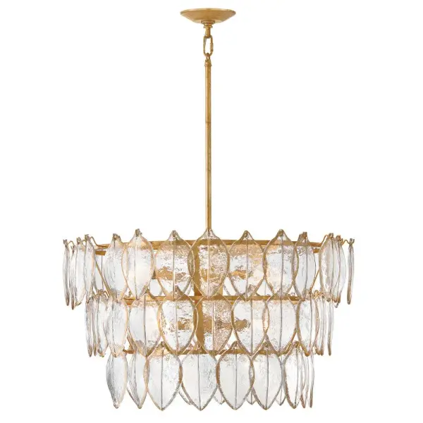 Romantic and lush, with floral-inspired aesthetics, Amira's luxuriant design features clear glass leaves pressed with an organic texture that mimics the veining of natural plants. Hand-painted gold detailing accentuates each opulent glass form, complemented by a Distressed Brass finish with hand-applied gold leaf. Collection: Amira Finish: Distressed Brass Glass: Clear Pressed Width: 30.25" Height: 17.75" Length: 30.25" Weight: 47.64 lb Wire: 1 X 120" Rod: 1-6", 2-12" Canopy: 6" Dia. Number of Bulbs: 8 Maximum Wattage: 5.00 W Bulb Base: Candelabra Light Source: LED Dimmable Voltage: 120.00 V Material: Steel Country of Origin: CHINA Safety Listing: C-US Safety Rating: Dry Spec Sheet Instructions