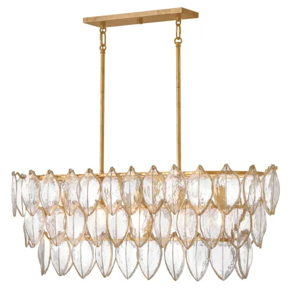 Romantic and lush, with floral-inspired aesthetics, Amira's luxuriant design features clear glass leaves pressed with an organic texture that mimics the veining of natural plants. Hand-painted gold detailing accentuates each opulent glass form, complemented by a Distressed Brass finish with hand-applied gold leaf. Collection: Amira Finish: Distressed Brass Glass: Clear Pressed Width: 45.00" Height: 16.25" Length: 16.00" Weight: 53.00 lb Wire: 1 X 120" Rod: 2-6", 4-12" Canopy: 4.75"W X 17.75"L Number of Bulbs: 5 Maximum Wattage: 12.00 W Bulb Base: Medium Light Source: LED Dimmable Voltage: 120.00 V Material: Steel Country of Origin: CHINA Safety Listing: C-US Safety Rating: Dry Spec Sheet Instructions