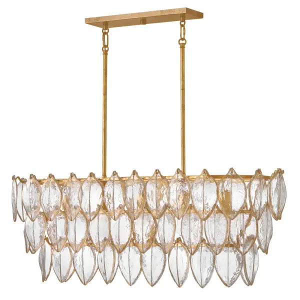 Romantic and lush, with floral-inspired aesthetics, Amira's luxuriant design features clear glass leaves pressed with an organic texture that mimics the veining of natural plants. Hand-painted gold detailing accentuates each opulent glass form, complemented by a Distressed Brass finish with hand-applied gold leaf. Collection: Amira Finish: Distressed Brass Glass: Clear Pressed Width: 45.00" Height: 16.25" Length: 16.00" Weight: 53.00 lb Wire: 1 X 120" Rod: 2-6", 4-12" Canopy: 4.75"W X 17.75"L Number of Bulbs: 5 Maximum Wattage: 12.00 W Bulb Base: Medium Light Source: LED Dimmable Voltage: 120.00 V Material: Steel Country of Origin: CHINA Safety Listing: C-US Safety Rating: Dry Spec Sheet Instructions - alternate view
