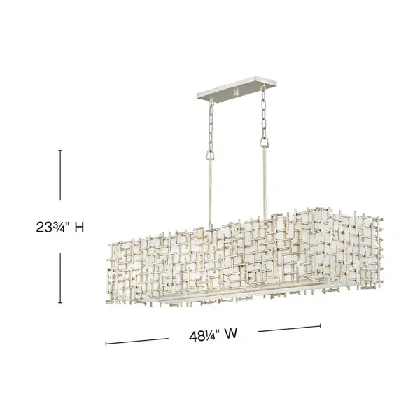 The Farrah linear chandelier combines bold contemporary design with refined craftsmanship. Hand-hammered crosshatch metalwork in Silver Leaf finish creates visual texture while maintaining an airy presence, complemented by White Linen shades for sophisticated modern elegance. - alternate view