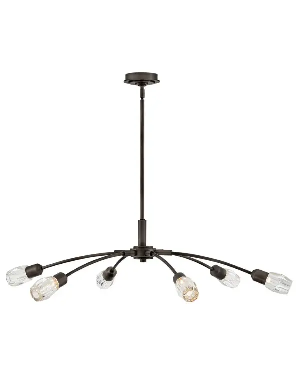 The Atera chandelier bridges modern and traditional design with dramatic outreaching arms and elegant cut crystal accents. At 45 inches wide, this substantial fixture commands attention in large spaces while the Black Oxide finish adds contemporary sophistication.
