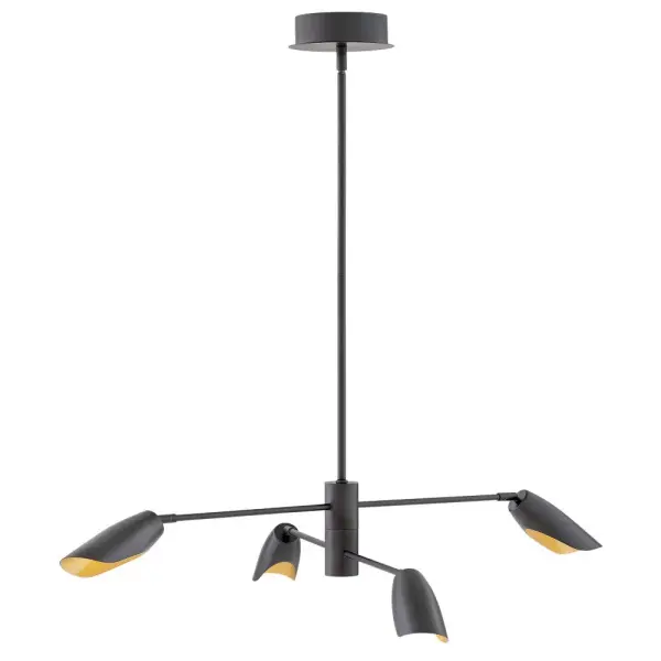 The Bowery chandelier transforms lighting into kinetic art with pivoting arms inspired by early 20th century mobiles. Its bold black and brass finish combination creates maximum visual impact in contemporary spaces.