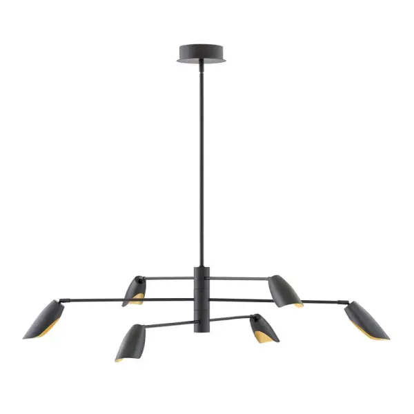 The Bowery chandelier transforms spaces with its mobile-inspired sculptural design featuring pivoting arms and LED technology. The striking black and brass combination creates maximum visual impact in contemporary interiors.