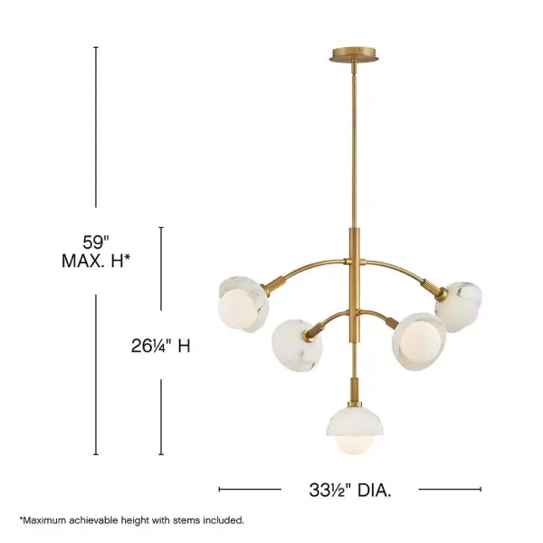 The Phoebe chandelier commands attention with its dynamic multi-tier architecture, combining ribbed stem details and luxurious faux alabaster with opal glass. The Heritage Brass finish adds warmth and sophistication to transitional spaces. - alternate view