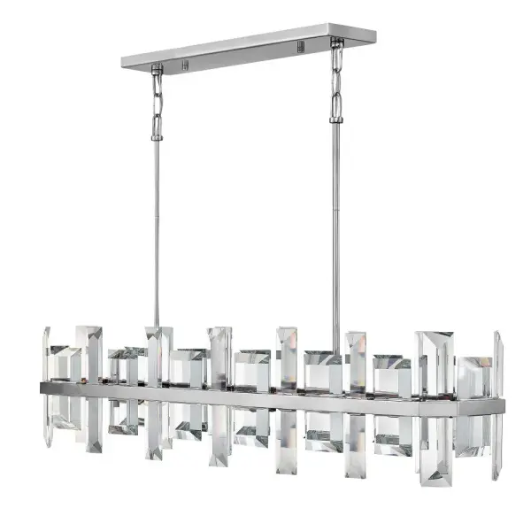The Odette transforms any space into a luxurious showcase with its emerald-cut solid glass crystal panels and gleaming polished nickel finish. This 42-inch linear chandelier delivers breathtaking sparkle and modern sophistication.