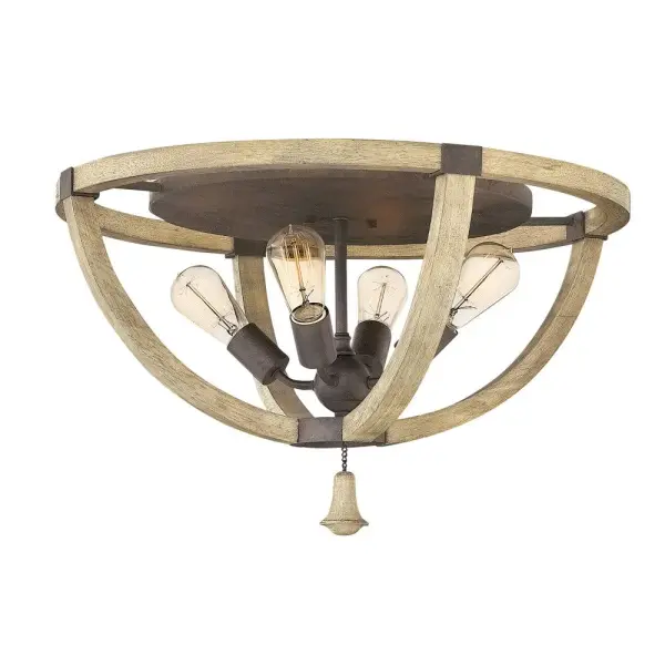 The Middlefield flush mount brings farmhouse warmth with its weathered ash wood and iron rust finish. At nearly 24 inches wide, it makes a statement while maintaining a low profile perfect for standard ceiling heights.