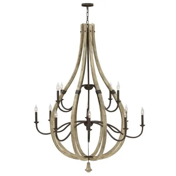 The Middlefield chandelier delivers impressive scale and rustic elegance with its 48-inch open frame design. Distressed weathered ash wood and iron rust finish create authentic farmhouse charm, while the two-tier construction provides substantial visual impact for grand spaces.