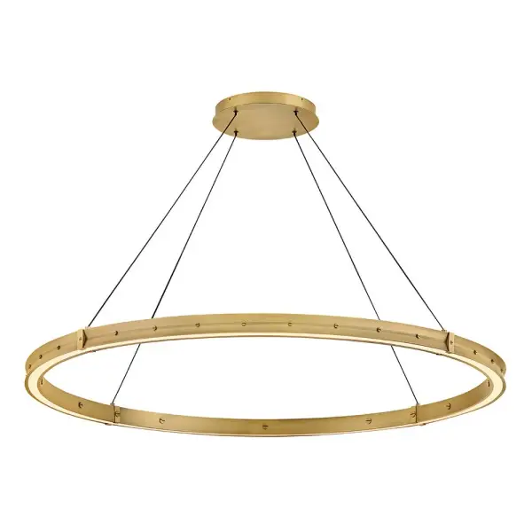 The Althea Extra Large Chandelier combines elegant minimalism with sophisticated brass detailing. Its 53-inch diameter and etched diffuser create warm, ambient lighting perfect for grand spaces. Decorative matching screws add refined detail.
