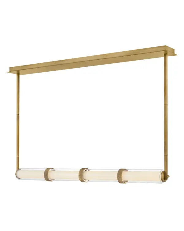 The Cy Large Linear Pendant combines understated glamour with modern styling. Its elongated 49.5-inch design features dual glass layers—clear outer glass surrounding etched opal glass—creating beautiful light refractions from integrated LEDs. Decorative ribbing and lacquered brass finish add refined elegance.