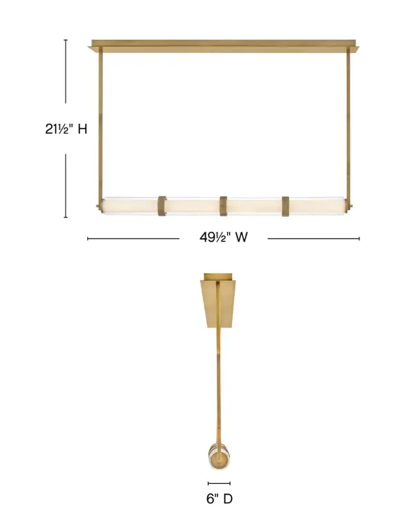 The Cy Large Linear Pendant combines understated glamour with modern styling. Its elongated 49.5-inch design features dual glass layers—clear outer glass surrounding etched opal glass—creating beautiful light refractions from integrated LEDs. Decorative ribbing and lacquered brass finish add refined elegance. - alternate view
