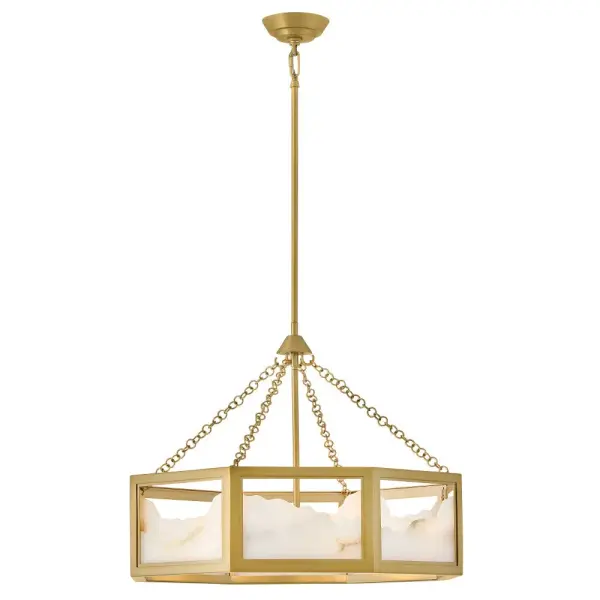 Inspired by snowy mountain peaks, Veleta's natural alabaster shade with jagged top edges is showcased by a geometric Lacquered Brass frame. Truly one-of-a-kind graining, color variations, and organically formed textures make each Veleta fixture genuinely unique. Collection: Veleta Finish: Lacquered Brass Glass: Alabaster Width: 26.00" Height: 19.25" Length: 26.00" Weight: 24.50 lb Wire: 1 X 144" Rod: 1-6", 2-12" Canopy: 8" Dia. Number of Bulbs: 8 Maximum Wattage: 5.00 W Bulb Base: Candelabra Light Source: LED Dimmable Voltage: 120.00 V Material: Steel Country of Origin: CHINA Safety Listing: C-US Safety Rating: Dry Spec Sheet Instructions