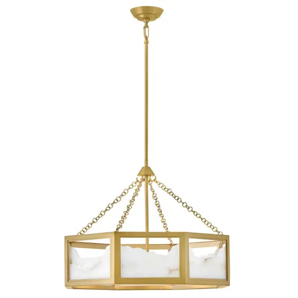 Inspired by snowy mountain peaks, Veleta's natural alabaster shade with jagged top edges is showcased by a geometric Lacquered Brass frame. Truly one-of-a-kind graining, color variations, and organically formed textures make each Veleta fixture genuinely unique. Collection: Veleta Finish: Lacquered Brass Glass: Alabaster Width: 26.00" Height: 19.25" Length: 26.00" Weight: 24.50 lb Wire: 1 X 144" Rod: 1-6", 2-12" Canopy: 8" Dia. Number of Bulbs: 8 Maximum Wattage: 5.00 W Bulb Base: Candelabra Light Source: LED Dimmable Voltage: 120.00 V Material: Steel Country of Origin: CHINA Safety Listing: C-US Safety Rating: Dry Spec Sheet Instructions - alternate view