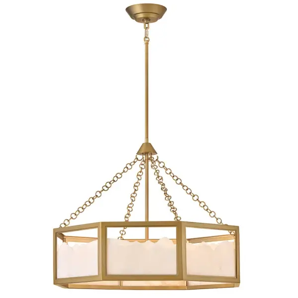 The Veleta Large Drum Chandelier combines organic beauty with modern geometry. Each natural alabaster shade features unique graining and jagged mountain-inspired edges, framed by a sophisticated lacquered brass structure.