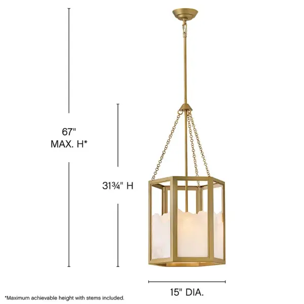 The Veleta pendant brings nature indoors with its distinctive jagged-edge alabaster shade inspired by snowy mountain peaks. Each fixture is truly one-of-a-kind with natural graining and organic textures, framed by a sophisticated geometric brass structure. - alternate view