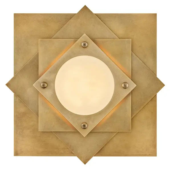 The Claude flush mount brings classic Art Deco sophistication with its stacked metal plates and Heritage Brass finish. The alabaster lens creates a warm, inviting glow while showcasing natural stone details through geometric layers.